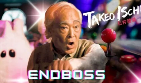 Takeo Ischi holding a chicken takeo endboss